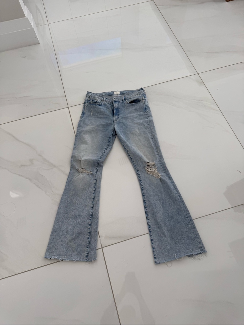 MOTHER Light Blue Distressed Flare Jeans